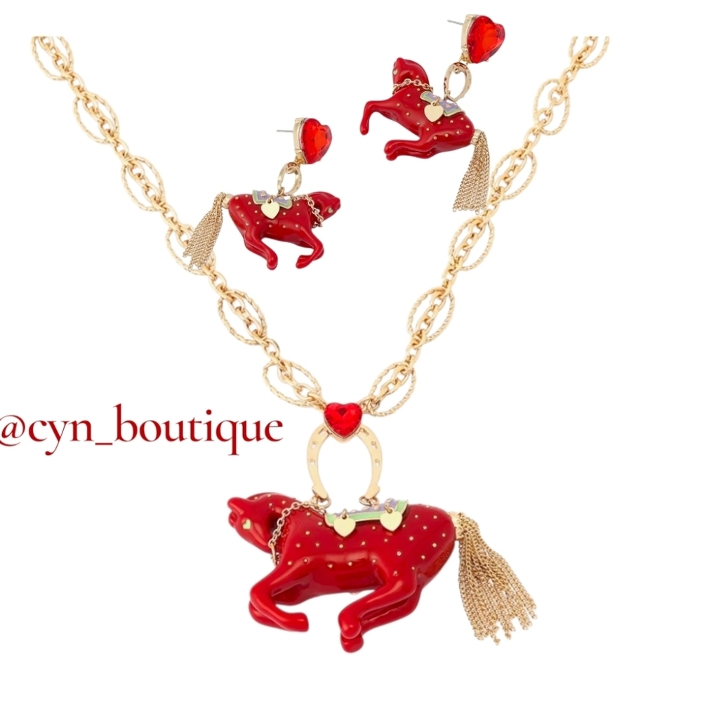 ❤️▪️Betsey Johnson▪️ Year Of The Horse Red/ Gold  Horse Necklace  Earring Set